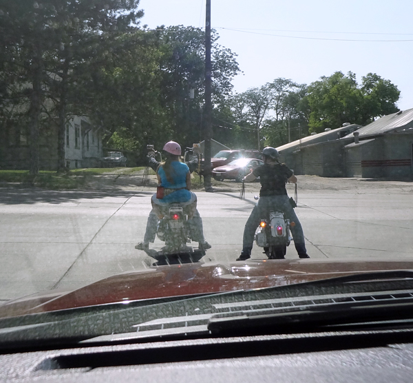 Karen Duquette riding on a motorcycle