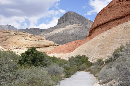 red, gray, beige, green colors off the trail