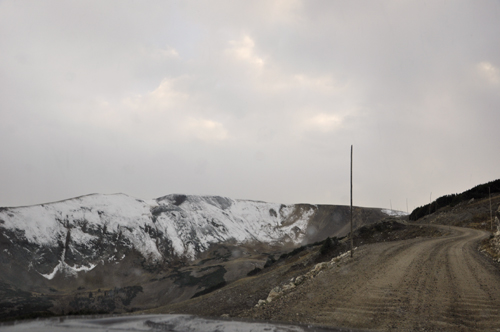 snow, hail, cold, curvy road on Old Fall River Road