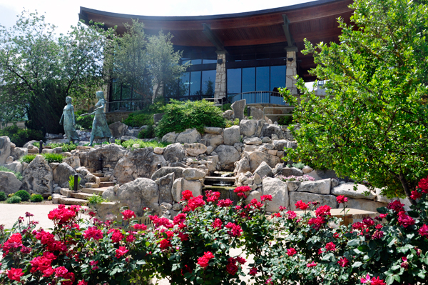 Visitor Center, sculpture and waterfall