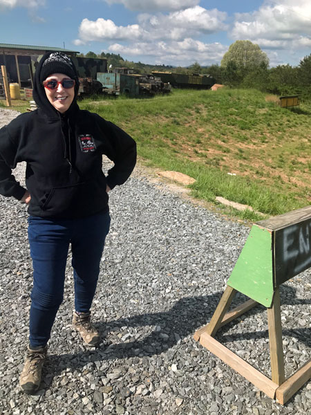 Karen Duquette ready to drive a real military tank