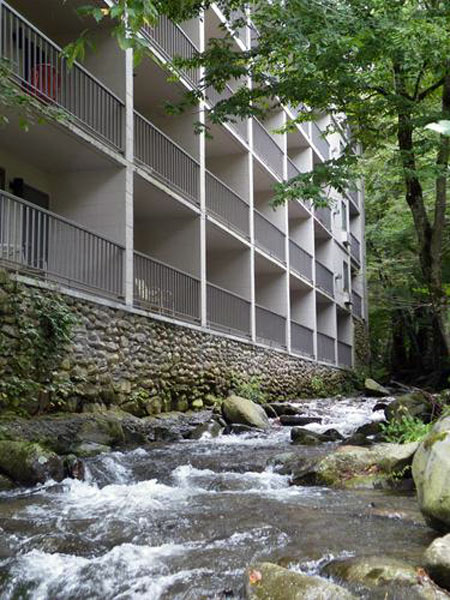 The back of the hotel and the stream
