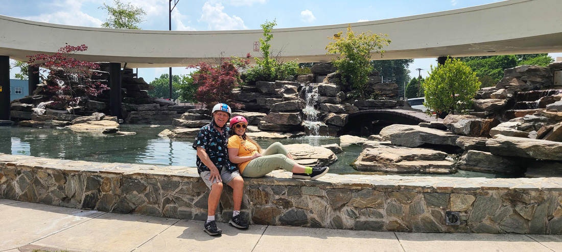 The two RV Gypsies reast at a  water fountain