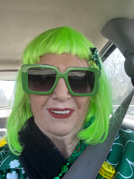 Karen Duuqette in a green wig