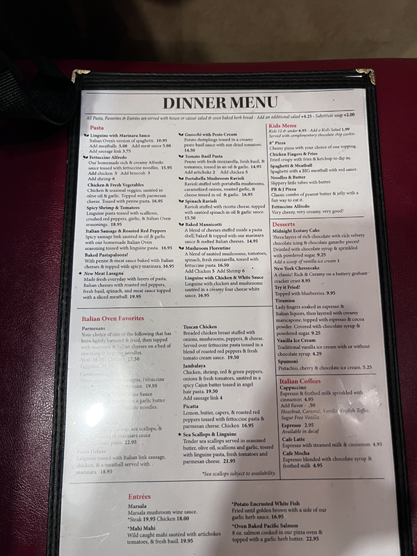 The Italian Oven Restaurant menu
