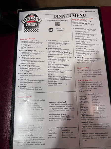 The Italian Oven Restaurant menu