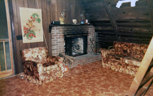 front door and fireplace